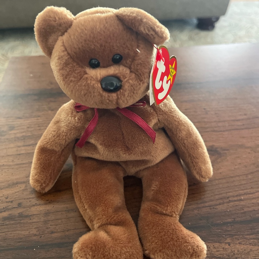 Ty Classic Brown Plush Bear with Red Bow. Named Teddy
